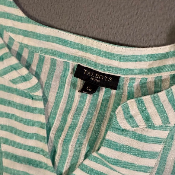 Talbots Petites LP‎ Linen Top Green White Striped V-Neck Short Sleeve Tunic - Picture 2 of 7